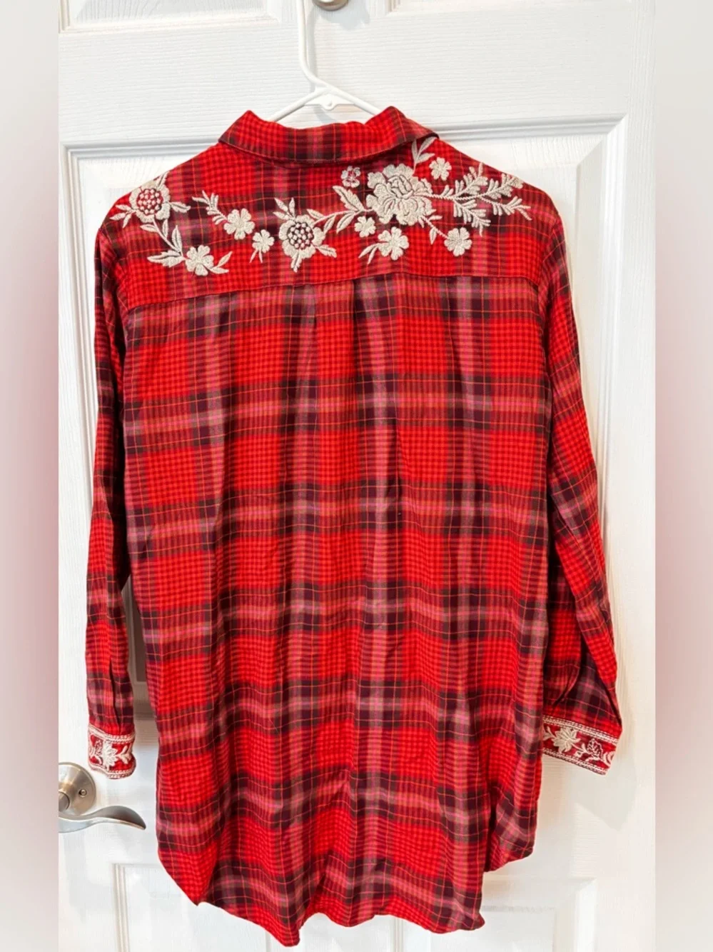 Johnny Was Workshop Roma Red Plaid Embroidered Button Up Tunic
